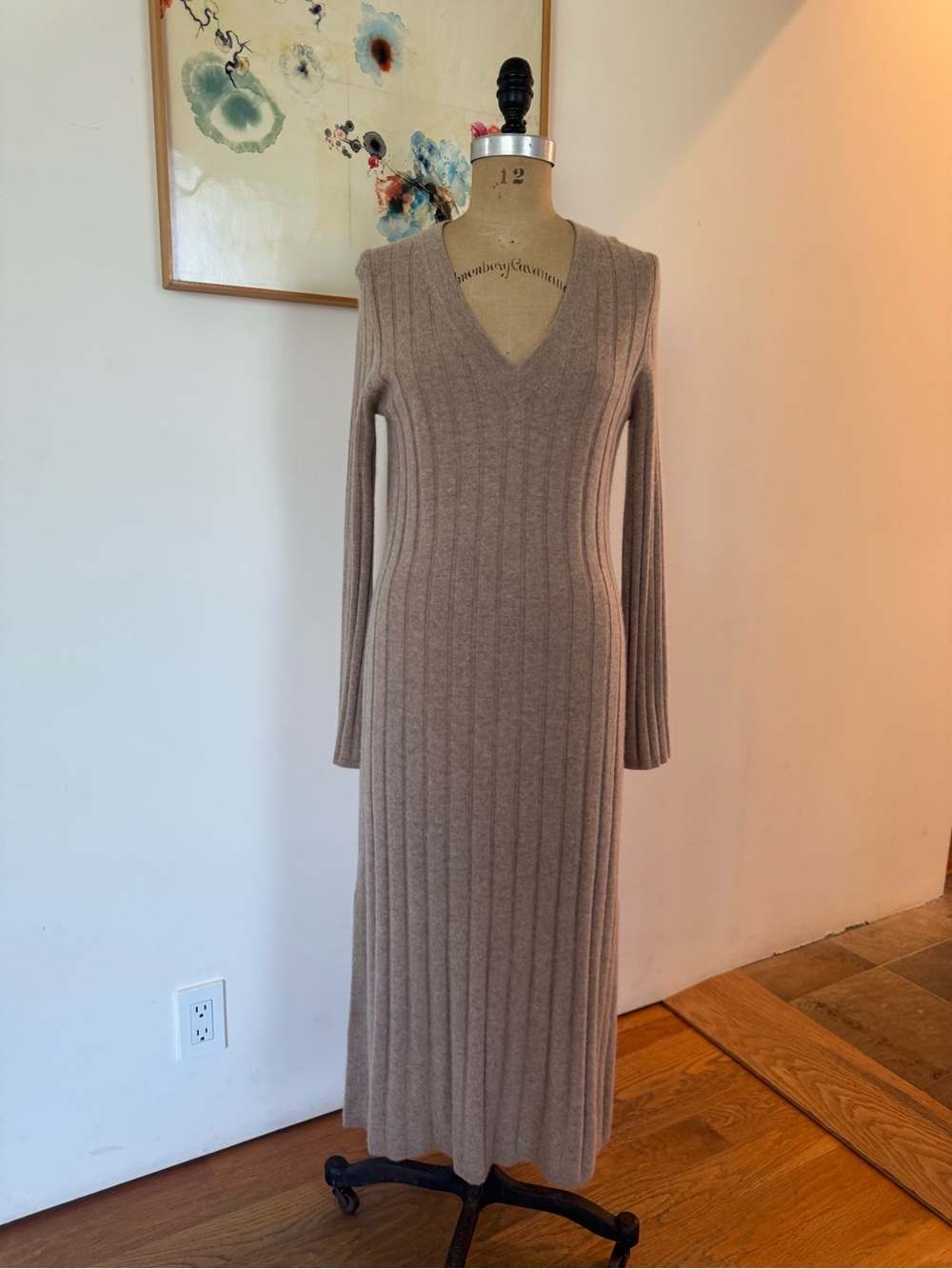 Naked Cashmere Ribbed V-Neck Long Sleeve Knit 100% Cashmere Dress - Taupe